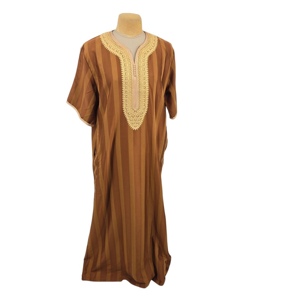 Jaan Thobe Robe Mens 58 Brown Striped Embroidered Kaftan Jalabiya